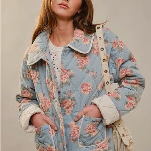 Floral Quilted Blue Jacket with Rose Print